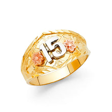 Ioka Jewelry - 14K Tri Color Solid Gold 15 Years Quinceanera Birthday with Flowers Ring
