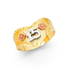 Ioka Jewelry - 14K Tri Color Solid Gold 15 Years Quinceanera Birthday V Shaped Ring