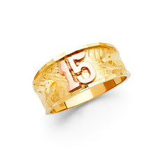 Ioka Jewelry - 14K Two Tone Solid Gold 15 Years Quinceanera Birthday Simple Ring