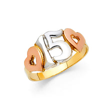Ioka Jewelry - 14K Tri Color Solid Gold 15 Years Quinceanera Birthday Hearts Ring