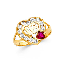 Ioka Jewelry - 14K Yellow Solid Gold Cubic Zirconia CZ Sweet 16 Birthday With Heart Ring