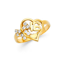 Ioka Jewelry - 14K Yellow Solid Gold Cubic Zirconia CZ Sweet 16 Birthday with Heart and Bow Ring