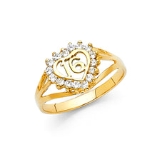 Ioka Jewelry - 14K Yellow Solid Gold Cubic Zirconia CZ Sweet 16 Birthday with Heart Ring