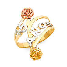 Ioka Jewelry - 14K Tri Color Solid Gold 15 Years Quinceanera Birthday with Roses Ring