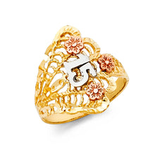 Ioka Jewelry - 14K Tri Color Solid Gold 15 Years Quinceanera Birthday with Flowers Fancy Ring