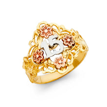 Ioka Jewelry - 14K Tri Color Solid Gold 15 Years Quinceanera Birthday with Flowers Ring