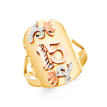 Ioka Jewelry - 14K Tri Color Solid Gold 15 Years Quinceanera Birthday with Roses Ring