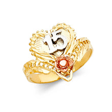 Ioka Jewelry - 14K Tri Color Solid Gold 15 Years Quinceanera Birthday with Heart Ring