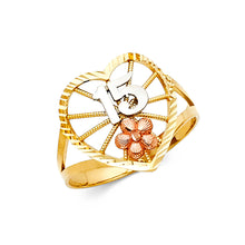 Ioka Jewelry - 14K Tri Color Solid Gold 15 Years Quinceanera Birthday with Heart Ring