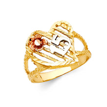 Ioka Jewelry - 14K Tri Color Solid Gold 15 Years Quinceanera Birthday with Heart Ring