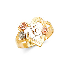 Ioka Jewelry - 14K Tri Color Solid Gold 15 Years Quinceanera Birthday with Heart Ring