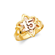 Ioka Jewelry - 14K Tri Color Solid Gold 15 Years Quinceanera Birthday with Star Flower Ring