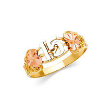 Ioka Jewelry - 14K Tri Color Solid Gold 15 Years Quinceanera Birthday with Hearts Ring