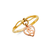 Ioka Jewelry - 14K Two Tone Solid Gold 15 Years Quinceanera Birthday with Hanging Heart Ring
