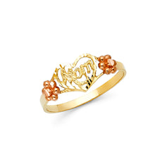 Ioka Jewelry - 14K Two Tone Solid Gold Heart With Flowers Mom Ring