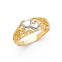 Ioka Jewelry - 14K Two Tone Solid Gold Fancy Dual Hearts with Flowers Ring