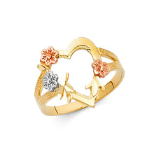 Ioka Jewelry - 14K Tri Color Solid Gold Fancy Heart with Flowers Ring
