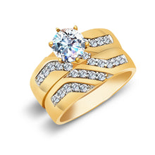 Ioka Jewelry - 14K Yellow Solid Gold Cubic Zirconia CZ Wedding Engagement Ring Set