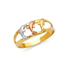 Ioka Jewelry - 14K Tri Color Solid Gold Fancy Triple Dolphin Ring