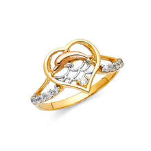 Ioka Jewelry - 14K Tri Color Solid Gold Fancy Dolphin with Heart Ring