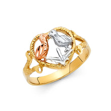 Ioka Jewelry - 14K Tri Color Solid Gold Love Birds in Heart Ring
