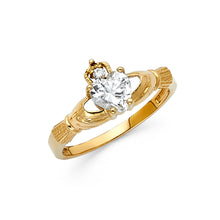 Ioka Jewelry - 14K Yellow Solid Gold Heart Shaped Cubic Zirconia CZ Claddagh Ring
