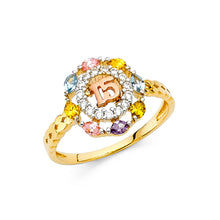 Ioka Jewelry - 14K Yellow Solid Gold Colorful Cubic Zirconia CZ 15 Years Quinceanera Birthday Ring