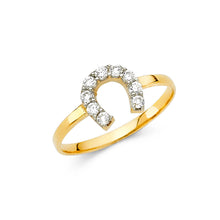 Ioka Jewelry - 14K Yellow Solid Gold Cubic Zirconia CZ Lucky Horseshoe Fancy Ring