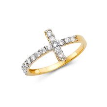 Ioka Jewelry - 14K Yellow Solid Gold Sideways Cubic Zirconia CZ Cross Ring