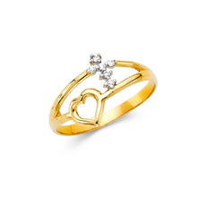 Ioka Jewelry - 14K Yellow Solid Gold Cubic Zirconia CZ Cross with Heart Fancy Ring