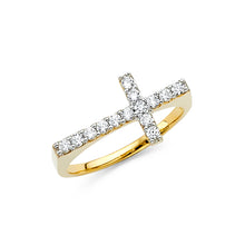 Ioka Jewelry - 14K Yellow Solid Gold Cubic Zirconia CZ Sideways Cross Fancy Ring