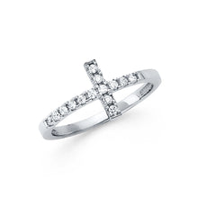 Ioka Jewelry - 14K White Solid Gold Cubic Zirconia CZ Sideways Cross Ring