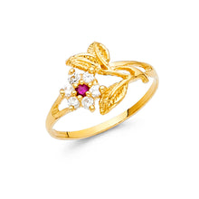Ioka Jewelry - 14K Yellow Solid Gold Cubic Zirconia CZ Flower and Leaf Fancy Ring