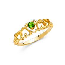 Ioka Jewelry - 14K Yellow Solid Gold Green Cubic Zirconia CZ with Heart Band Fancy Ring