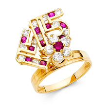 Ioka Jewelry - 14K Yellow Solid Gold Red Cubic Zirconia CZ 15 Years Quinceanera Birthday Motion Ring