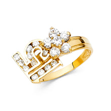 Ioka Jewelry - 14K Yellow Solid Gold Cubic Zirconia CZ Flower and 15 Years Quinceanera Birthday Motion Ring