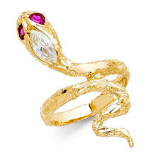 Ioka Jewelry - 14K Yellow Solid Gold Red Eyed Cubic Zirconia CZ Snake Fancy Ring