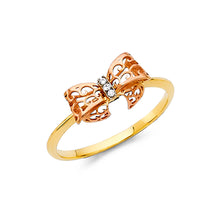Ioka Jewelry - 14K Yellow Solid Gold Gift Bow Cubic Zirconia CZ Fancy Ring