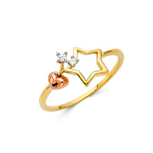 Ioka Jewelry - 14K Yellow Solid Gold Star with Hearts Cubic Zirconia CZ Fancy Ring
