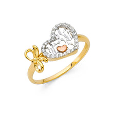 Ioka Jewelry - 14K Yellow Solid Gold Hearts with Bow Cubic Zirconia CZ Fancy Ring