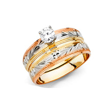 Ioka Jewelry - 14K Tri Color Solid Gold 0.25 Ct Round Cut Cubic Zirconia CZ Wedding Engagement Ring Set