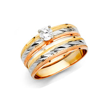 Ioka Jewelry - 14K Tri Color Solid Gold 0.25 Ct. Round Cut Cubic Zirconia CZ Wedding Engagement Ring Set