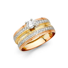 Ioka Jewelry - 14K Tri Color Solid Gold 0.25 Ct. Round Cut Cubic Zirconia CZ Wedding Engagement Ring Set