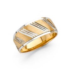 Ioka Jewelry - 14K Two Tone Solid Gold 8mm Diamond Cut Tapered Stripes Womens Wedding Band