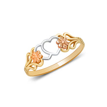Ioka Jewelry - 14K Tri Color Solid Gold Double Heart and Flower Ring