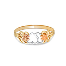 Ioka Jewelry - 14K Tri Color Solid Gold Double Heart and Flower Ring