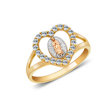 Ioka Jewelry - 14K Tri Color Solid Gold Religious Heart Cubic Zirconia CZ Ring