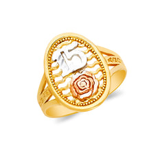 Ioka Jewelry - 14K Tri Color Solid Gold 15 Years Quinceanera Birthday Flower Ring