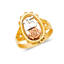 Ioka Jewelry - 14K Tri Color Solid Gold 15 Years Quinceanera Birthday Flower Ring