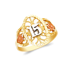 Ioka Jewelry - 14K Tri Color Solid Gold 15 Years Quinceanera Birthday Flowers Ring
